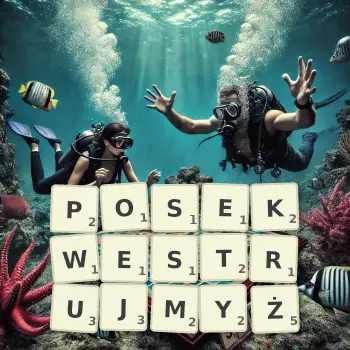 Kreatywna ilustracja do gry w Scrabble ze słowem POSEKWESTRUJMYŻ ułożonym z płytek na planszy.