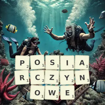 Kreatywna ilustracja do gry w Scrabble ze słowem POSIARCZYNOWE ułożonym z płytek na planszy.