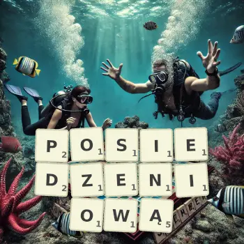Kreatywna ilustracja do gry w Scrabble ze słowem POSIEDZENIOWĄ ułożonym z płytek na planszy.