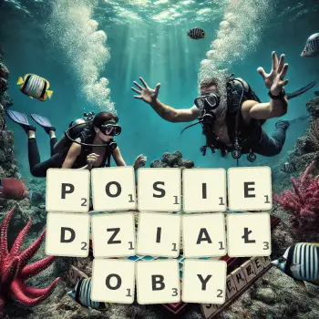 Kreatywna ilustracja do gry w Scrabble ze słowem POSIEDZIAŁOBY ułożonym z płytek na planszy.