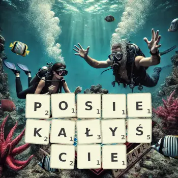 Kreatywna ilustracja do gry w Scrabble ze słowem POSIEKAŁYŚCIE ułożonym z płytek na planszy.