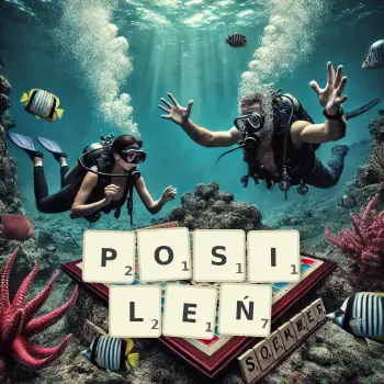 Kreatywna ilustracja do gry w Scrabble ze słowem POSILEŃ ułożonym z płytek na planszy.