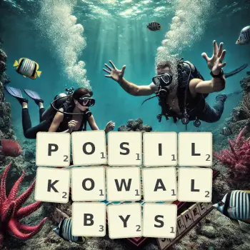 Kreatywna ilustracja do gry w Scrabble ze słowem POSILKOWALBYS ułożonym z płytek na planszy.
