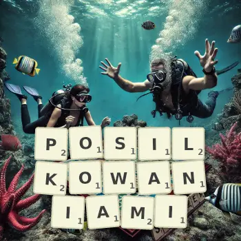 Kreatywna ilustracja do gry w Scrabble ze słowem POSILKOWANIAMI ułożonym z płytek na planszy.