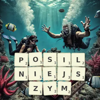 Kreatywna ilustracja do gry w Scrabble ze słowem POSILNIEJSZYM ułożonym z płytek na planszy.