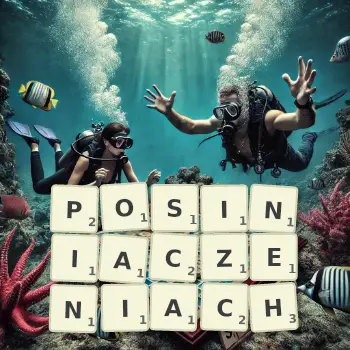 Kreatywna ilustracja do gry w Scrabble ze słowem POSINIACZENIACH ułożonym z płytek na planszy.
