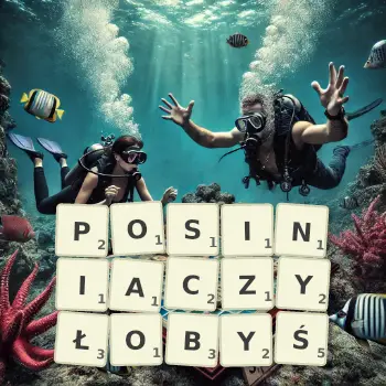 Kreatywna ilustracja do gry w Scrabble ze słowem POSINIACZYŁOBYŚ ułożonym z płytek na planszy.