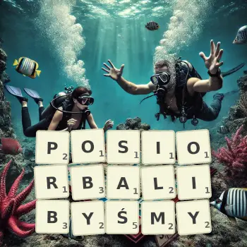 Kreatywna ilustracja do gry w Scrabble ze słowem POSIORBALIBYŚMY ułożonym z płytek na planszy.