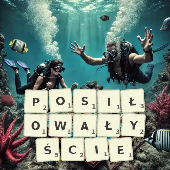 Kreatywna ilustracja do gry w Scrabble ze słowem POSIŁOWAŁYŚCIE ułożonym z płytek na planszy.