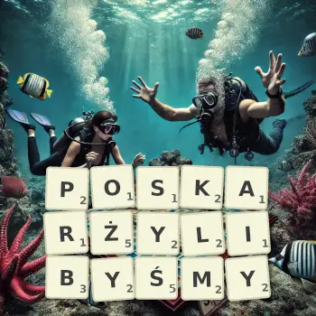 Kreatywna ilustracja do gry w Scrabble ze słowem POSKARŻYLIBYŚMY ułożonym z płytek na planszy.