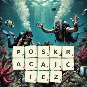 Kreatywna ilustracja do gry w Scrabble ze słowem POSKRACAJCIEZ ułożonym z płytek na planszy.