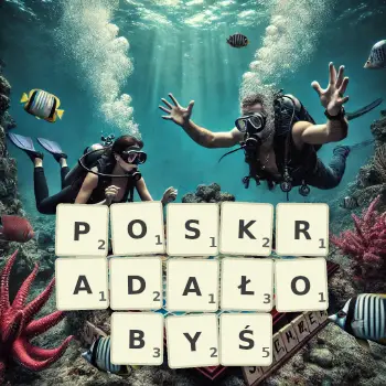 Kreatywna ilustracja do gry w Scrabble ze słowem POSKRADAŁOBYŚ ułożonym z płytek na planszy.