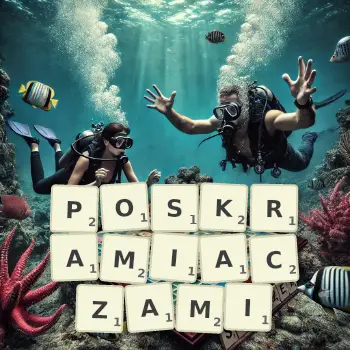 Kreatywna ilustracja do gry w Scrabble ze słowem POSKRAMIACZAMI ułożonym z płytek na planszy.
