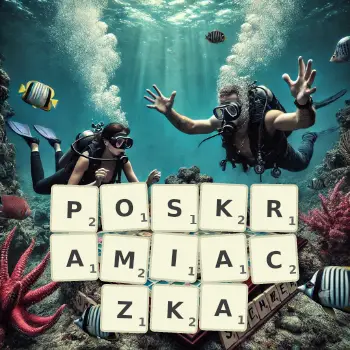 Kreatywna ilustracja do gry w Scrabble ze słowem POSKRAMIACZKA ułożonym z płytek na planszy.