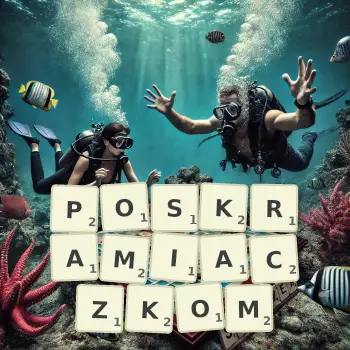 Kreatywna ilustracja do gry w Scrabble ze słowem POSKRAMIACZKOM ułożonym z płytek na planszy.