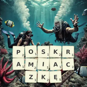 Kreatywna ilustracja do gry w Scrabble ze słowem POSKRAMIACZKĘ ułożonym z płytek na planszy.