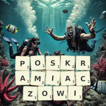 Kreatywna ilustracja do gry w Scrabble ze słowem POSKRAMIACZOWI ułożonym z płytek na planszy.