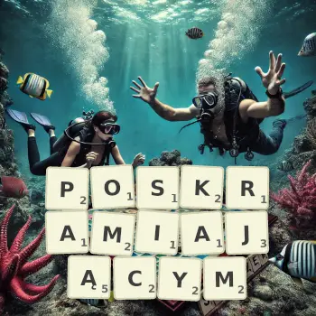 Kreatywna ilustracja do gry w Scrabble ze słowem POSKRAMIAJĄCYM ułożonym z płytek na planszy.