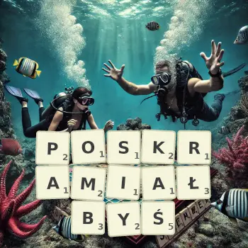 Kreatywna ilustracja do gry w Scrabble ze słowem POSKRAMIAŁBYŚ ułożonym z płytek na planszy.