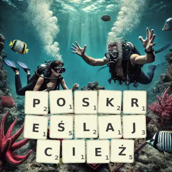 Kreatywna ilustracja do gry w Scrabble ze słowem POSKREŚLAJCIEŻ ułożonym z płytek na planszy.