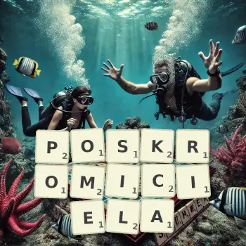 Kreatywna ilustracja do gry w Scrabble ze słowem POSKROMICIELA ułożonym z płytek na planszy.
