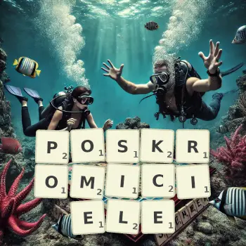 Kreatywna ilustracja do gry w Scrabble ze słowem POSKROMICIELE ułożonym z płytek na planszy.