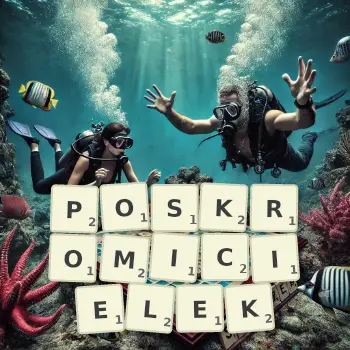 Kreatywna ilustracja do gry w Scrabble ze słowem POSKROMICIELEK ułożonym z płytek na planszy.
