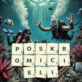 Kreatywna ilustracja do gry w Scrabble ze słowem POSKROMICIELI ułożonym z płytek na planszy.