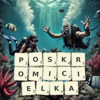 Kreatywna ilustracja do gry w Scrabble ze słowem POSKROMICIELKA ułożonym z płytek na planszy.