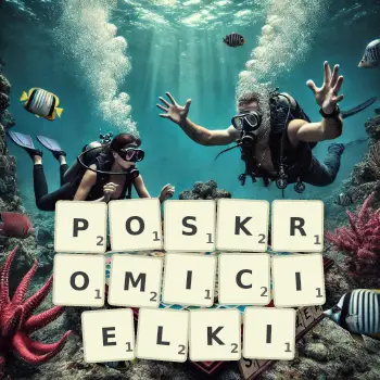 Kreatywna ilustracja do gry w Scrabble ze słowem POSKROMICIELKI ułożonym z płytek na planszy.