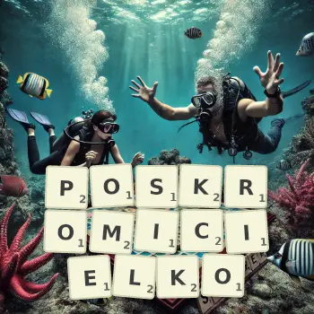 Kreatywna ilustracja do gry w Scrabble ze słowem POSKROMICIELKO ułożonym z płytek na planszy.