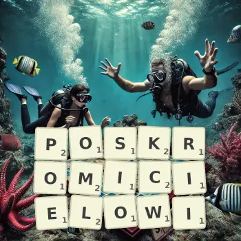 Kreatywna ilustracja do gry w Scrabble ze słowem POSKROMICIELOWI ułożonym z płytek na planszy.