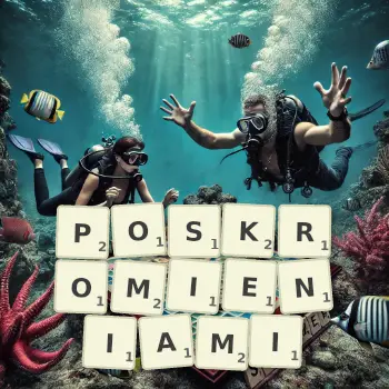Kreatywna ilustracja do gry w Scrabble ze słowem POSKROMIENIAMI ułożonym z płytek na planszy.