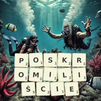 Kreatywna ilustracja do gry w Scrabble ze słowem POSKROMILIŚCIE ułożonym z płytek na planszy.