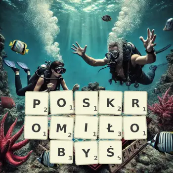 Kreatywna ilustracja do gry w Scrabble ze słowem POSKROMIŁOBYŚ ułożonym z płytek na planszy.