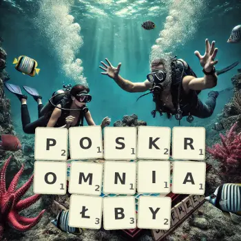 Kreatywna ilustracja do gry w Scrabble ze słowem POSKROMNIAŁBY ułożonym z płytek na planszy.