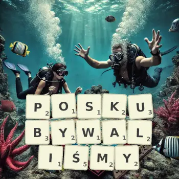 Kreatywna ilustracja do gry w Scrabble ze słowem POSKUBYWALIŚMY ułożonym z płytek na planszy.