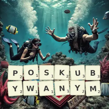 Kreatywna ilustracja do gry w Scrabble ze słowem POSKUBYWANYM ułożonym z płytek na planszy.
