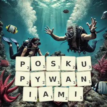 Kreatywna ilustracja do gry w Scrabble ze słowem POSKUPYWANIAMI ułożonym z płytek na planszy.