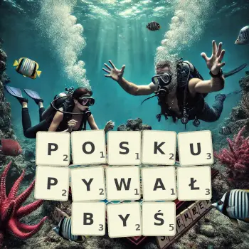 Kreatywna ilustracja do gry w Scrabble ze słowem POSKUPYWAŁBYŚ ułożonym z płytek na planszy.