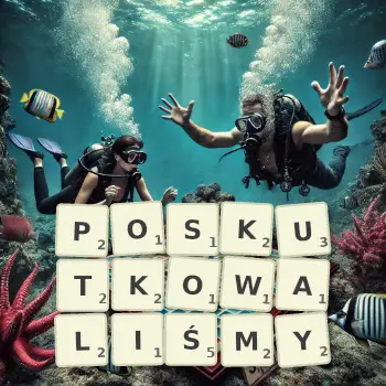 Kreatywna ilustracja do gry w Scrabble ze słowem POSKUTKOWALIŚMY ułożonym z płytek na planszy.