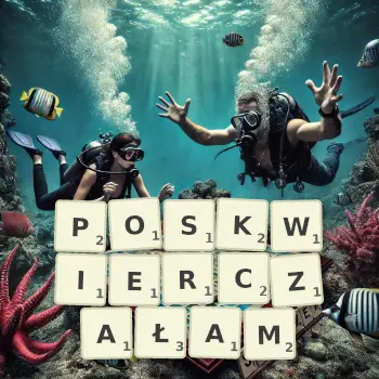 Kreatywna ilustracja do gry w Scrabble ze słowem POSKWIERCZAŁAM ułożonym z płytek na planszy.