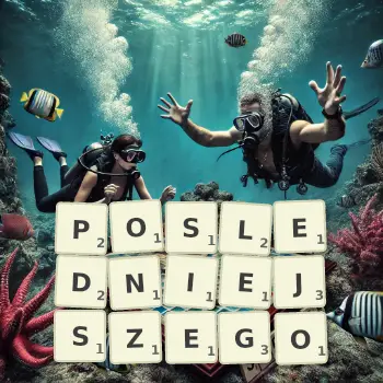Kreatywna ilustracja do gry w Scrabble ze słowem POSLEDNIEJSZEGO ułożonym z płytek na planszy.