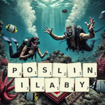 Kreatywna ilustracja do gry w Scrabble ze słowem POSLINILABY ułożonym z płytek na planszy.