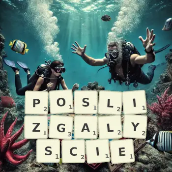 Kreatywna ilustracja do gry w Scrabble ze słowem POSLIZGALYSCIE ułożonym z płytek na planszy.