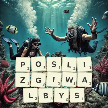 Kreatywna ilustracja do gry w Scrabble ze słowem POSLIZGIWALBYS ułożonym z płytek na planszy.
