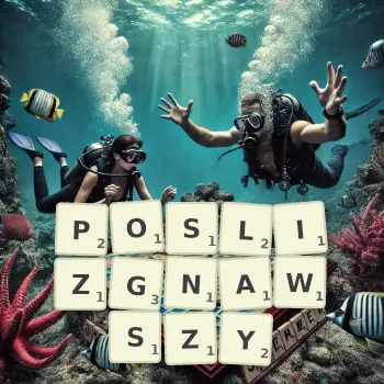 Kreatywna ilustracja do gry w Scrabble ze słowem POSLIZGNAWSZY ułożonym z płytek na planszy.