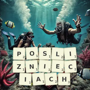 Kreatywna ilustracja do gry w Scrabble ze słowem POSLIZNIECIACH ułożonym z płytek na planszy.