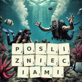Kreatywna ilustracja do gry w Scrabble ze słowem POSLIZNIECIAMI ułożonym z płytek na planszy.
