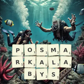 Kreatywna ilustracja do gry w Scrabble ze słowem POSMARKALABYS ułożonym z płytek na planszy.